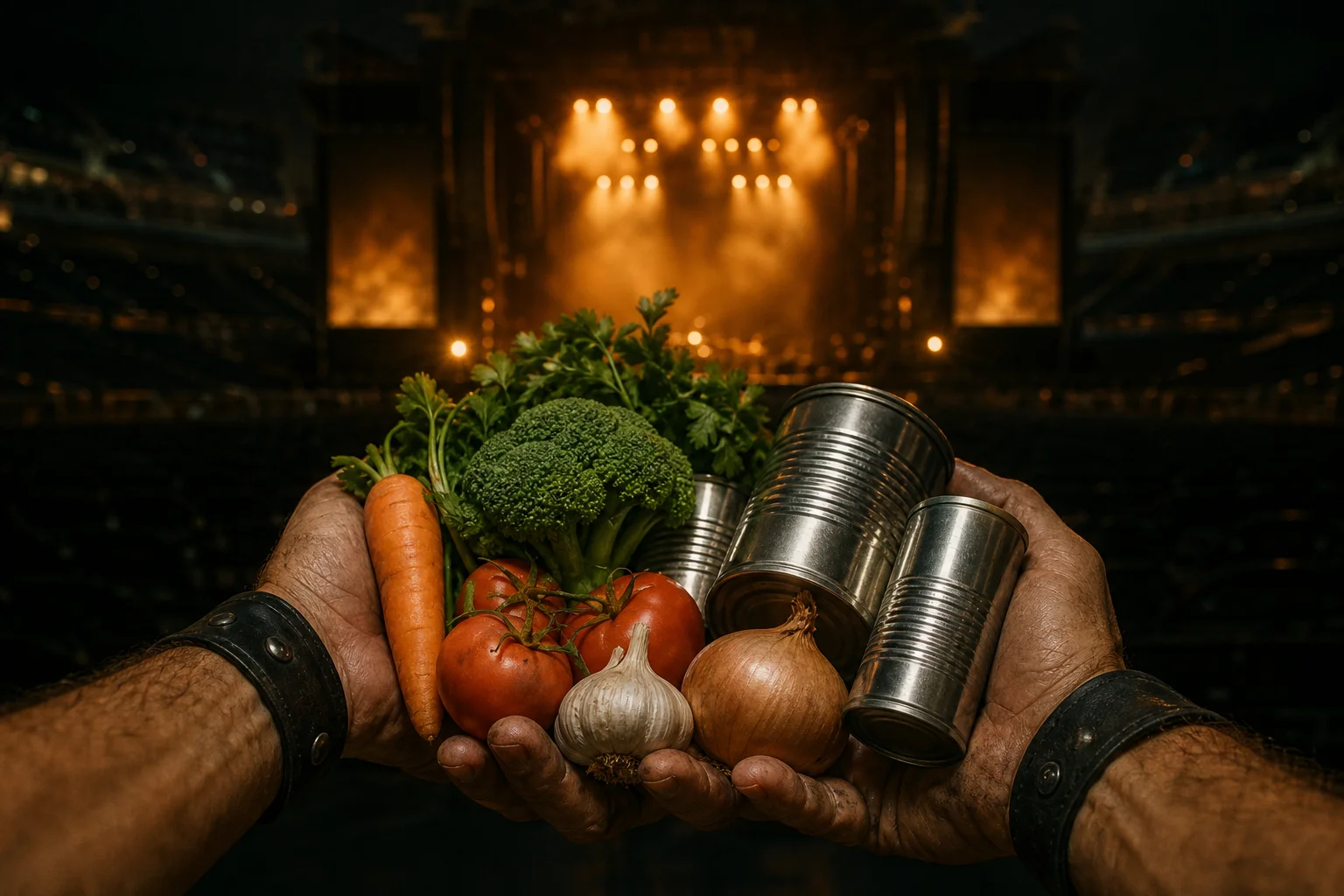 Hands holding donated food in front of a glowing concert stage, symbolizing the All Within My Hands Foundation