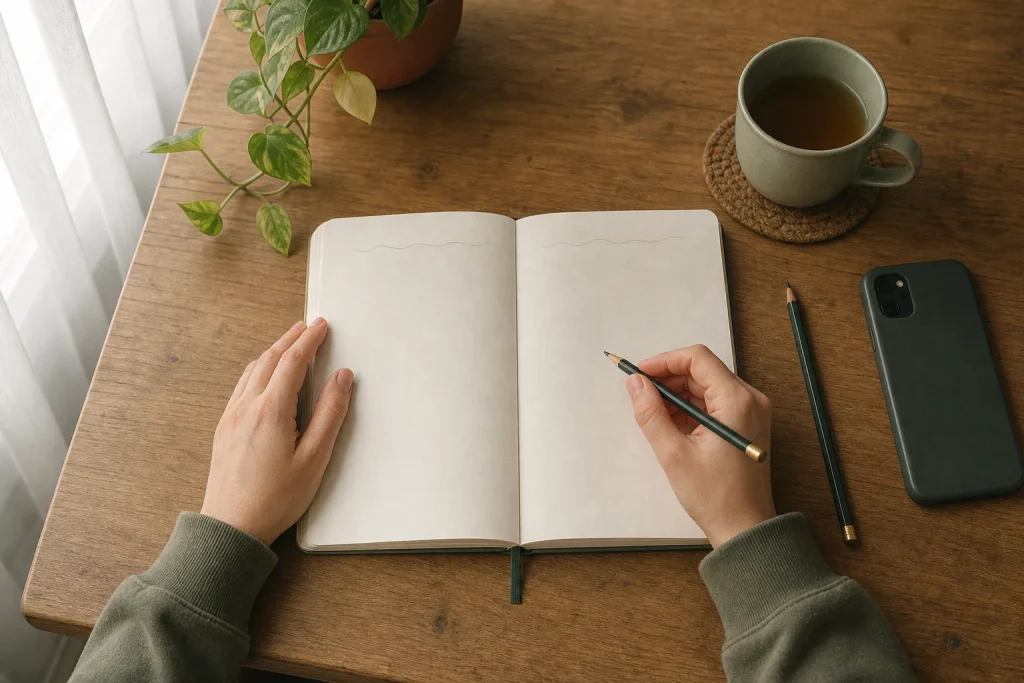 Hands listing existing daily habits in two columns in a notebook on a wooden desk