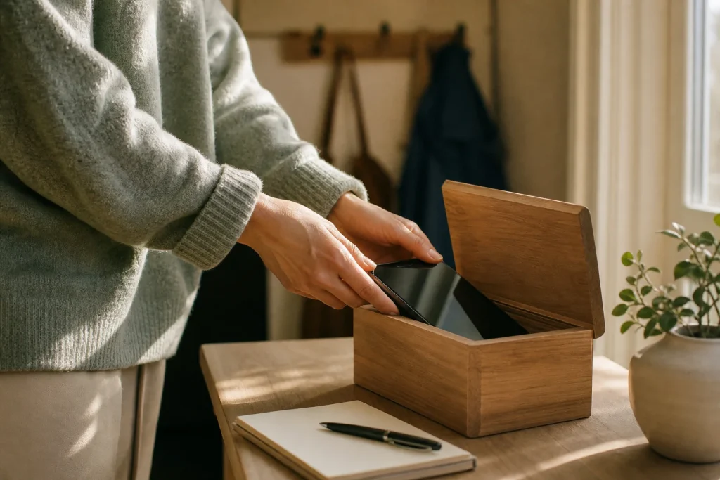 Hands placing a smartphone into a wooden charging box in a hallway next to a blank notebook