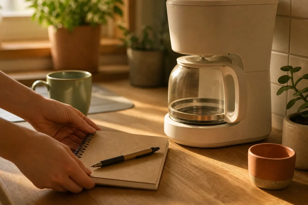 Hands placing a spiral notebook and pen beside a coffee maker on a sunlit kitchen counter in the morning