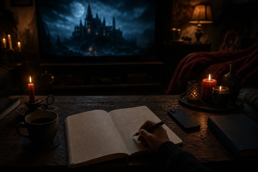 Hands writing suspect notes in a notebook beside tea and a phone while a TV glows in the background