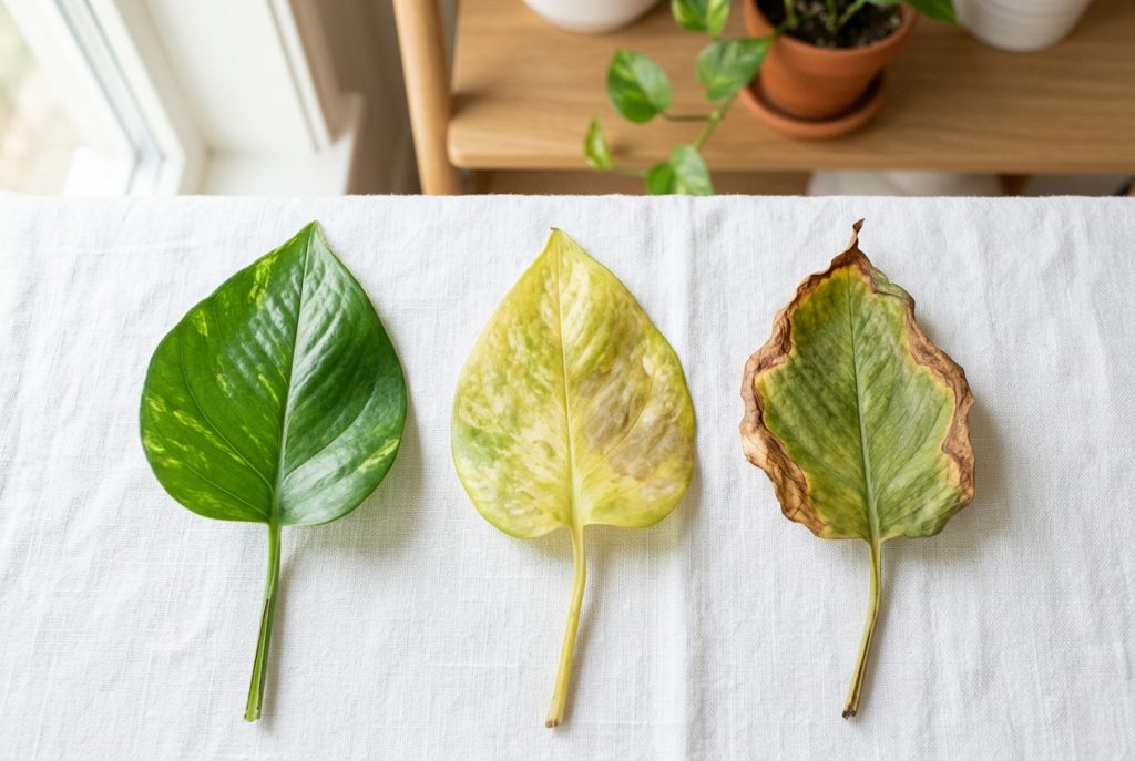 Healthy green pothos leaf beside a yellowed overwatered leaf and a leaf with crispy brown edges
