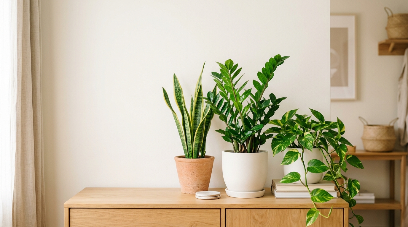 Houseplants for beginners: snake plant, ZZ plant and golden pothos in pots on a light wooden sideboard