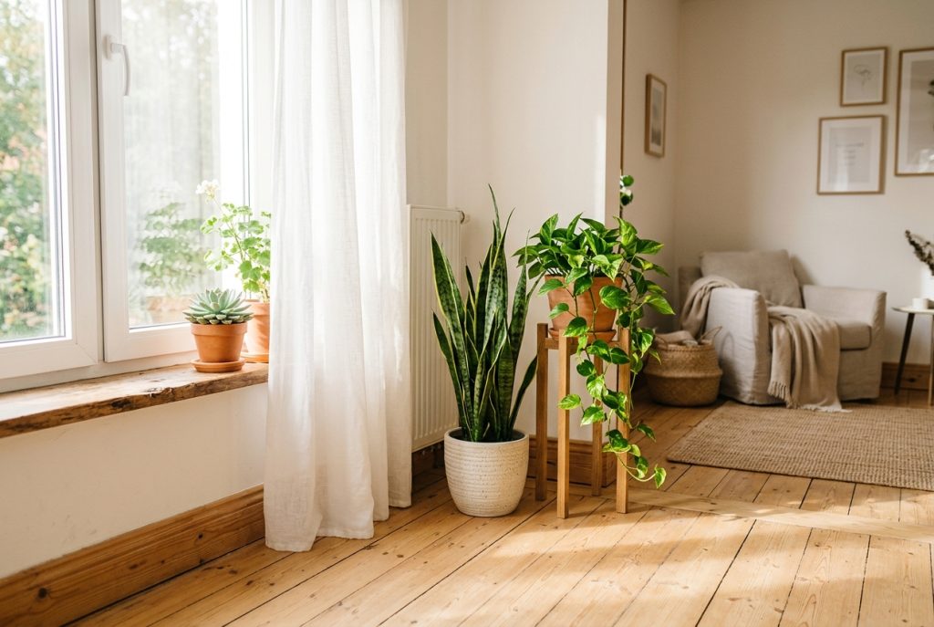 Houseplants placed at varying distances from a window with a sheer curtain to show bright indirect light