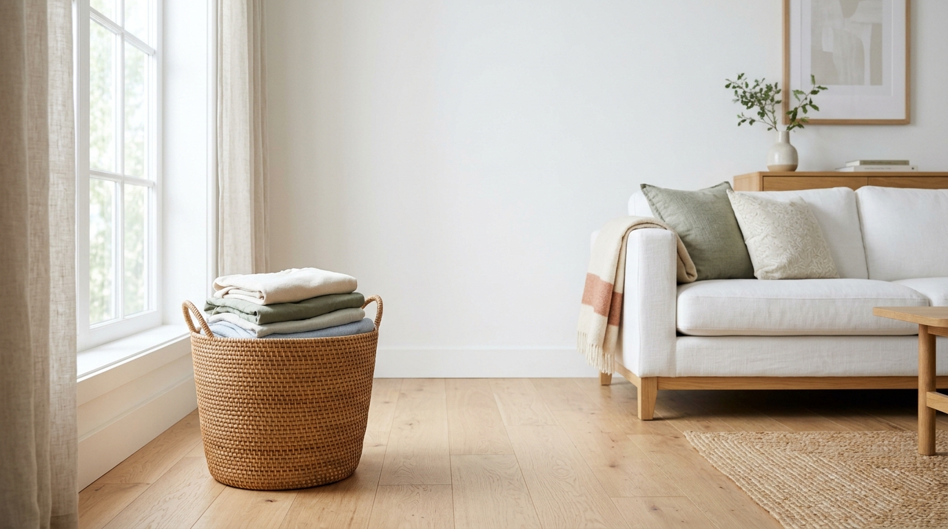 How to declutter your home: woven basket of folded clothes in a bright, minimal living room