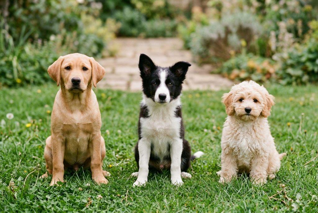 Labrador, Border Collie-style and small toy-breed puppies sitting side by side on grass
