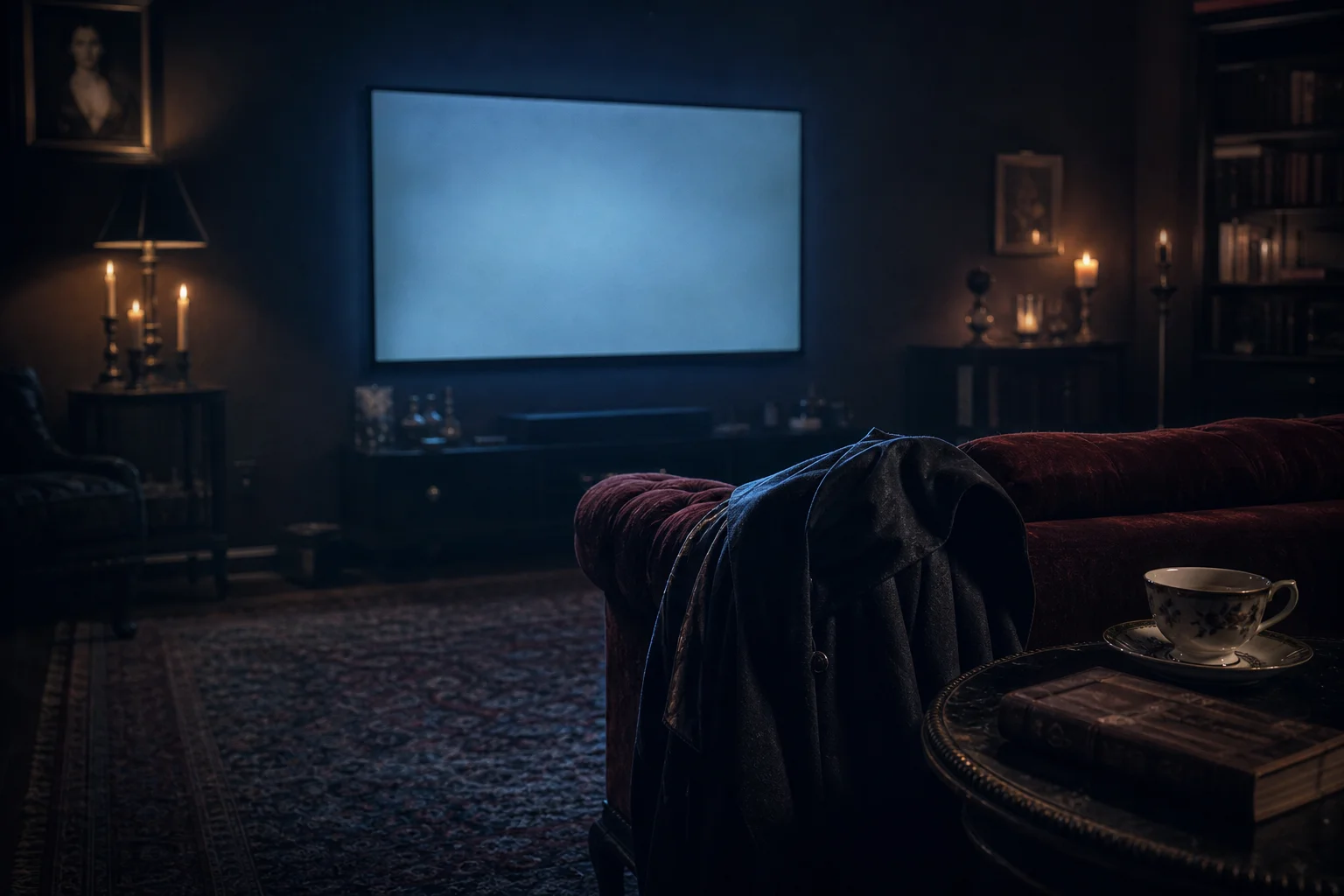 Living room TV glowing at night with a hooded cloak on the sofa, ready for what time is Traitors on tonight