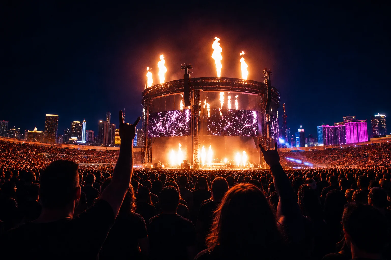 M72 World Tour Las Vegas Nevada United States 2026 fans raising hands as stage pyrotechnics erupt in a stadium at night