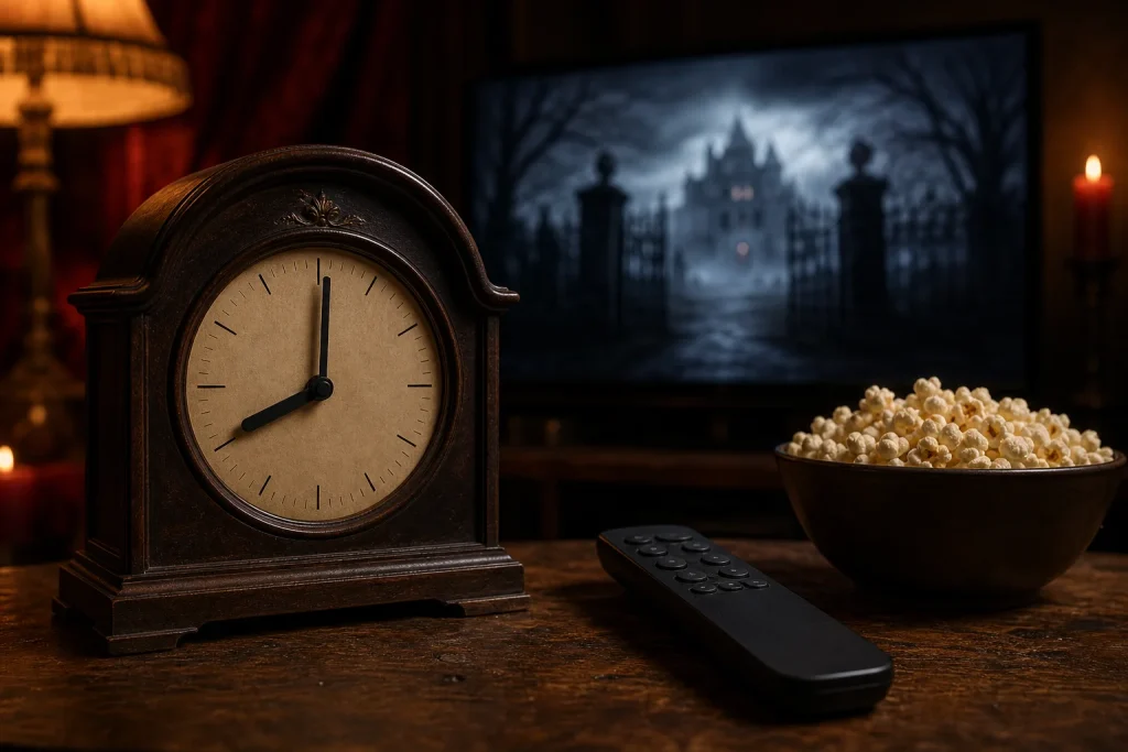 Mantel clock near eight o'clock beside a TV remote and popcorn on a coffee table at evening