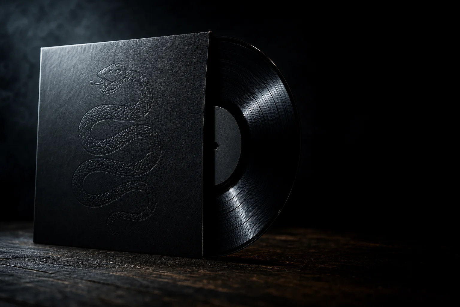Matte black vinyl sleeve with faint embossed snake evoking the Metallica Black Album, lit by a single hard side light