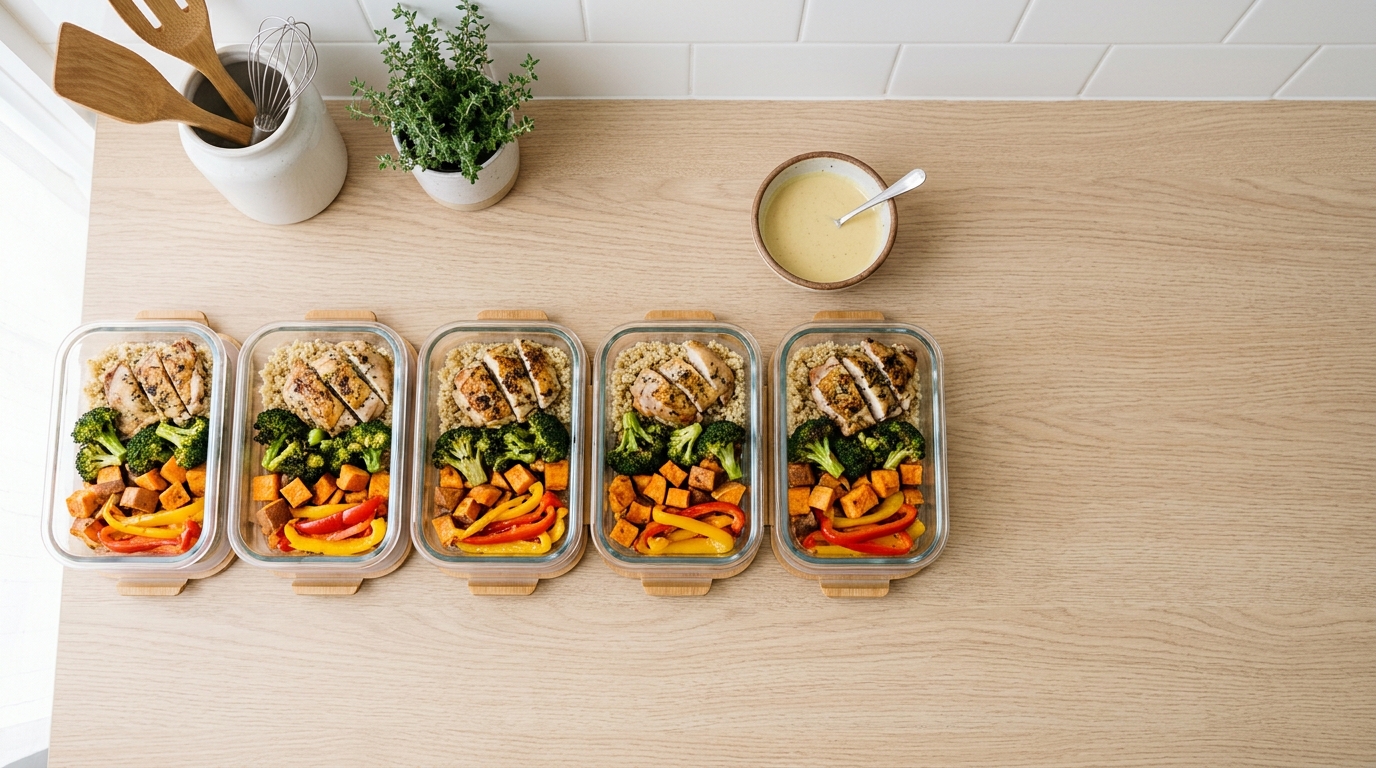 Meal prep for beginners: five glass containers of chicken, quinoa, broccoli and sweet potato on a wooden counter