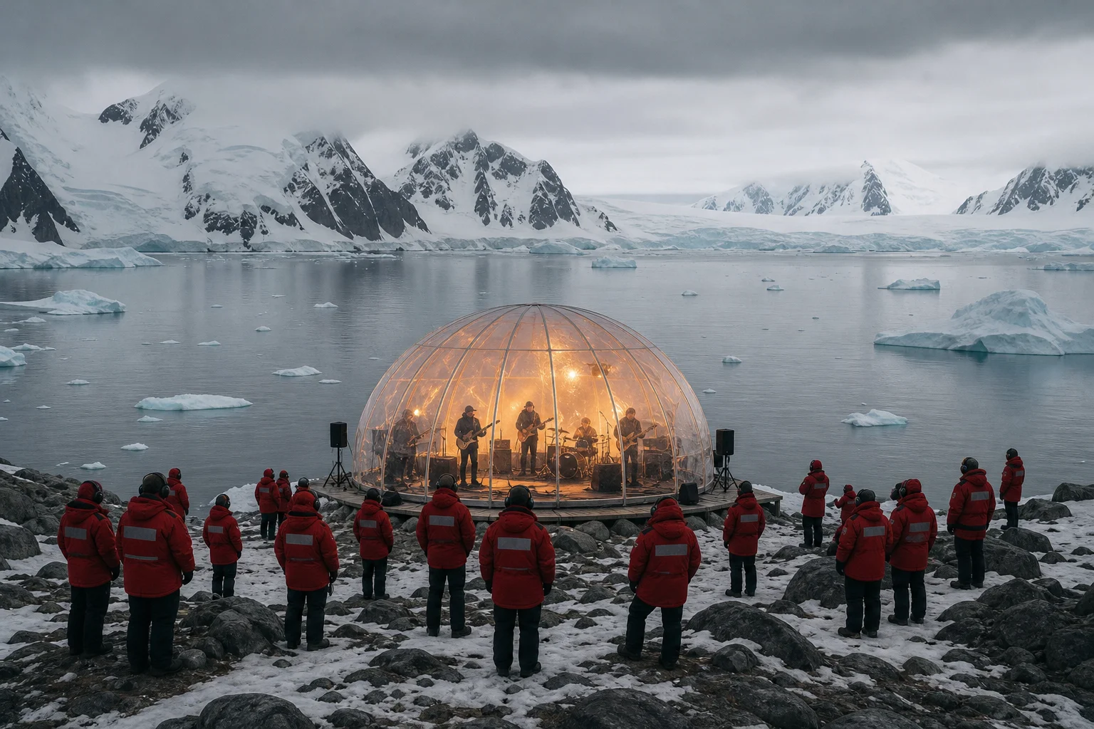 Metallica Antarctica concert recreation: glowing transparent dome stage on a snowy shore with icebergs behind