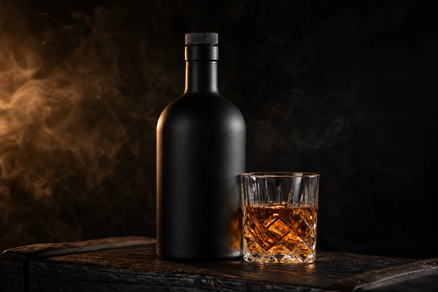 Metallica Blackened whiskey concept: dark unlabeled bottle and glass of amber whiskey on black wood