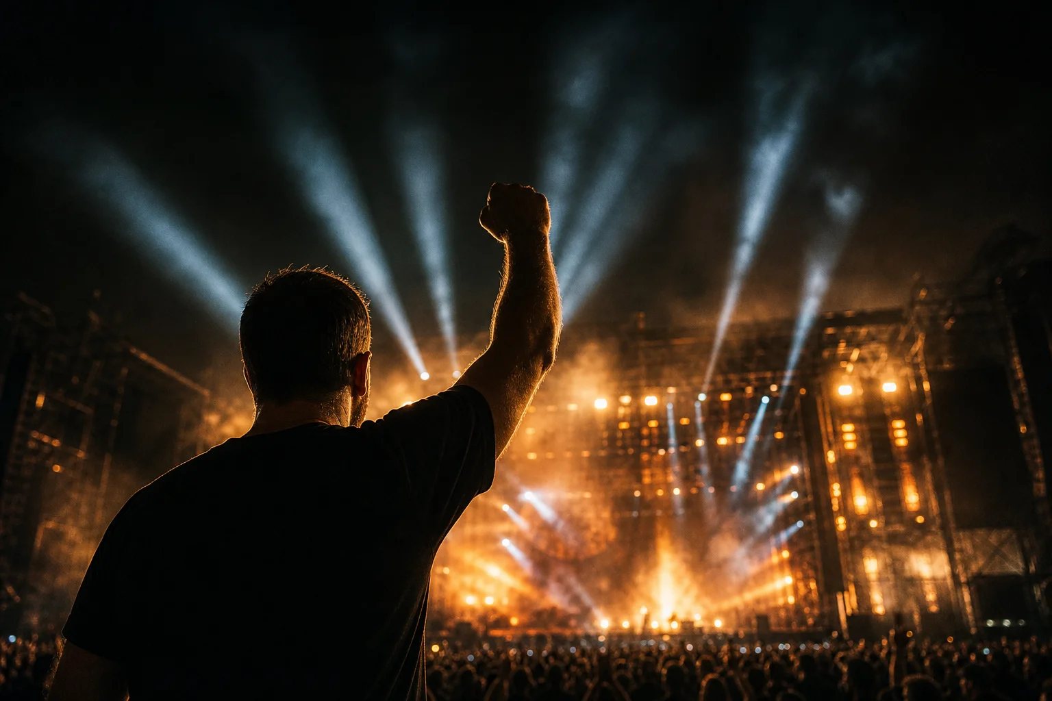 Metallica Fifth Member fan club concept: fan raising a fist toward a hazy stadium stage lit in amber and blue