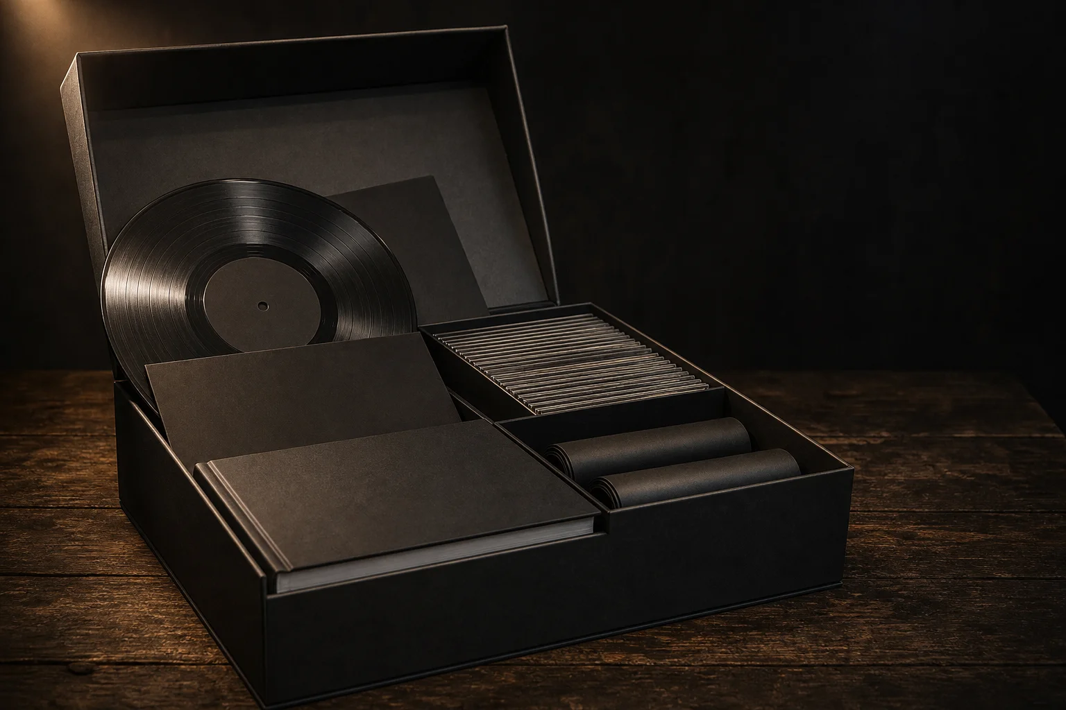 Metallica remastered box sets style deluxe box open with vinyl records, CDs and hardcover book on a dark table