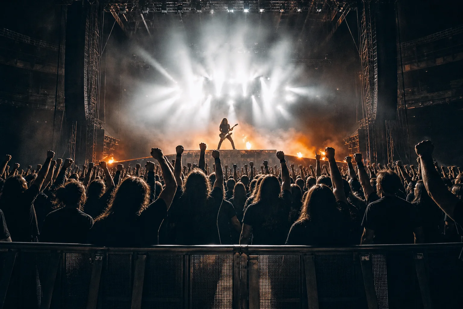 Metallica Snake Pit style fan area enclosed inside a concert stage with fans silhouetted under bright spotlights