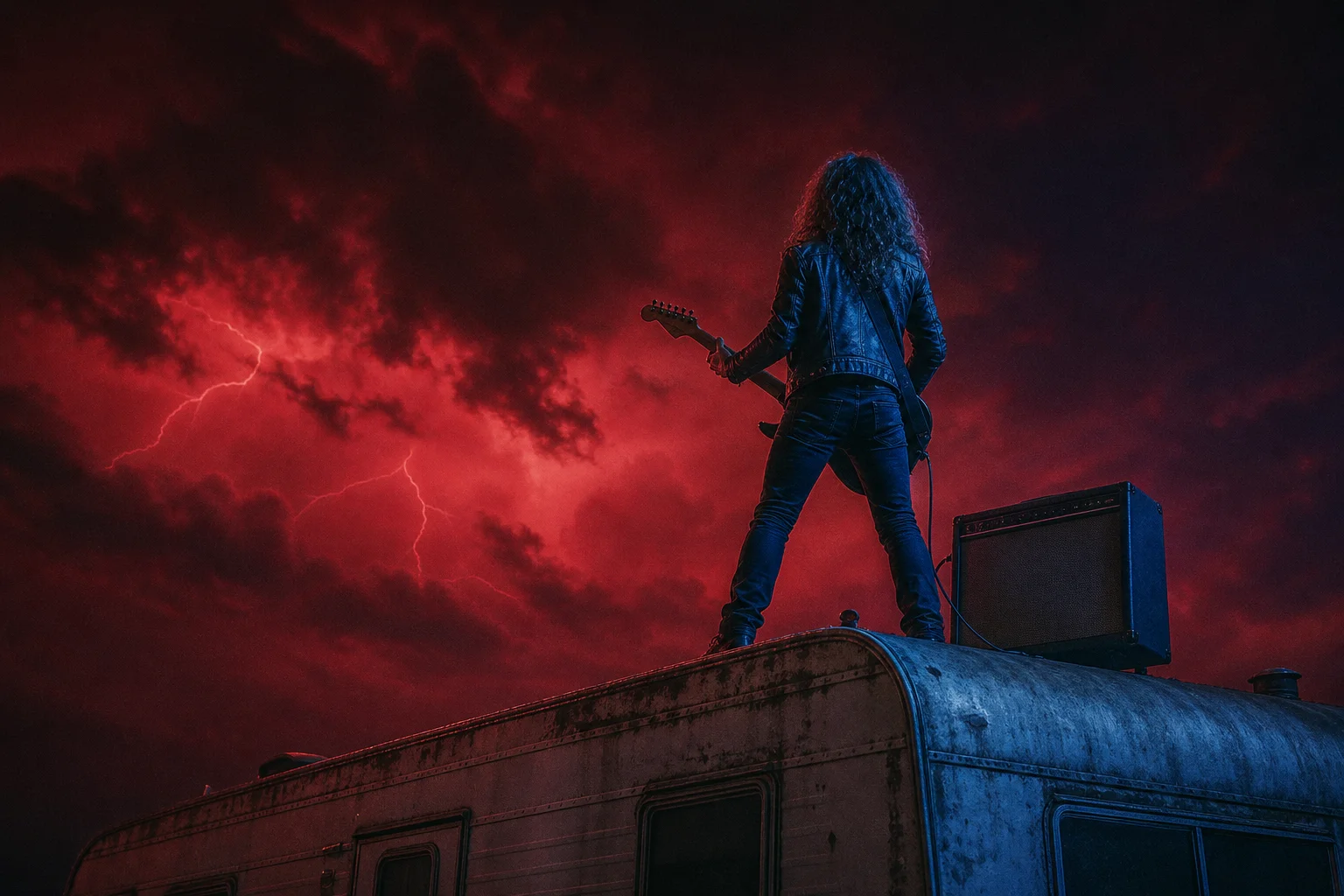 Metallica Stranger Things inspired scene of a metalhead playing electric guitar on a trailer roof under a red stormy sky