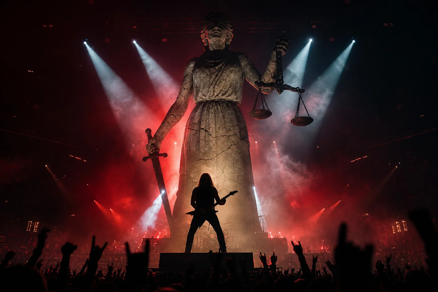Metallica Through the Never style arena stage with silhouetted guitarist and towering cracked justice statue in red haze