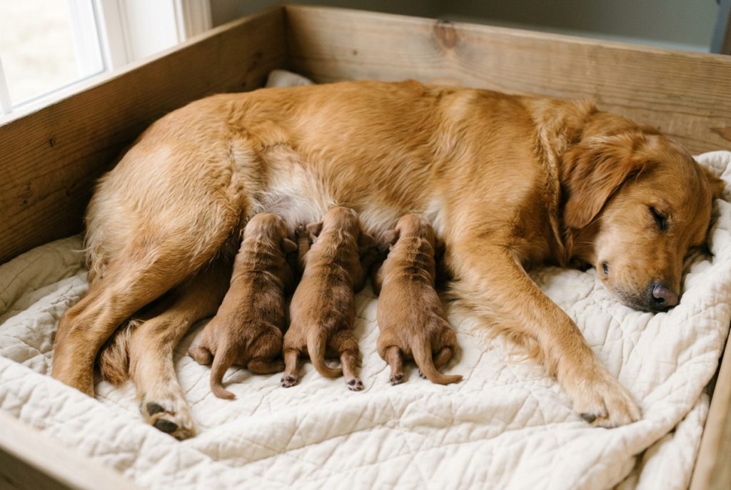 Mother dog nursing a litter of newborn puppies with closed eyes on a blanket in a whelping box