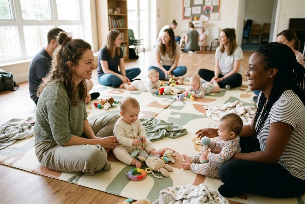 New parents chatting on a playmat with their babies during a parent-and-baby class in a community room
