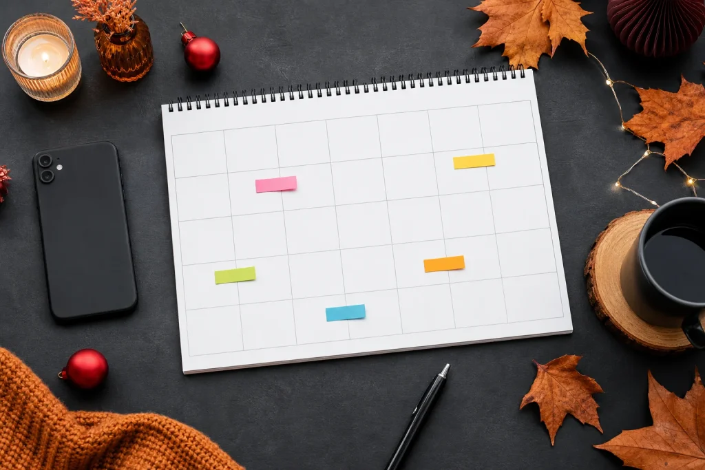 November calendar with colored sticky tabs marking several early Black Friday sale periods across the month