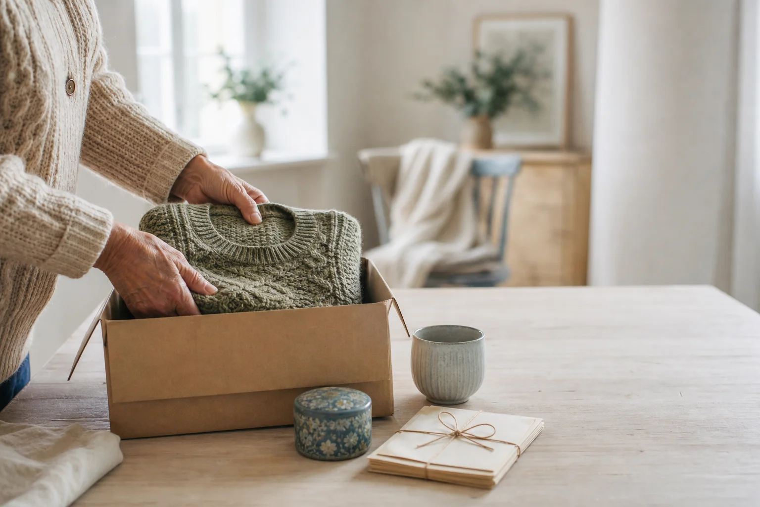 Older woman's hands packing a folded wool sweater into a box during Swedish death cleaning