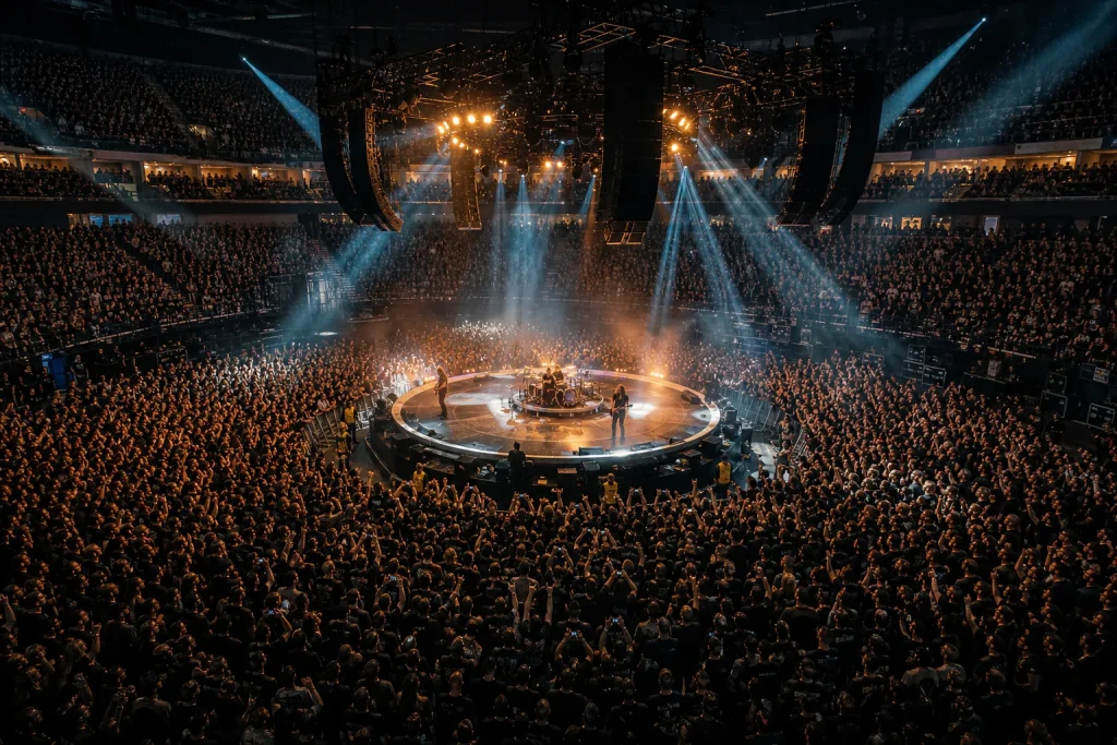 Packed standing pit around a circular center stage in a stadium, with seated tiers rising behind under stage lights