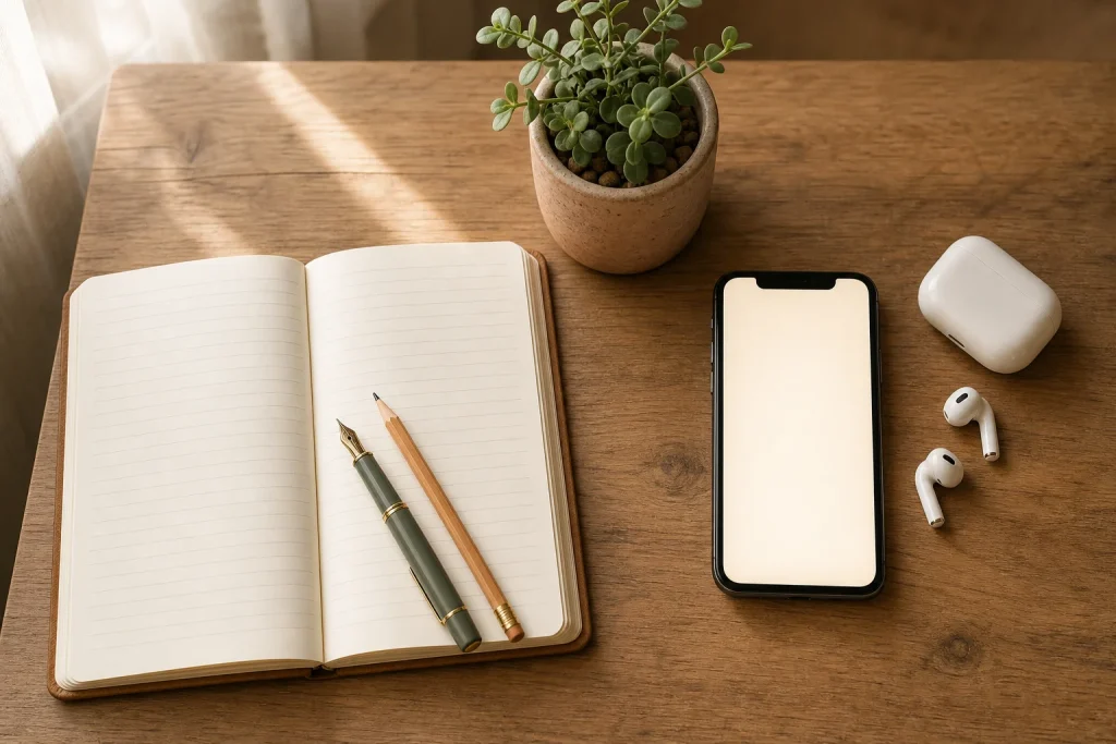 Paper notebook with fountain pen beside a smartphone with blank screen on a wooden table, comparing journaling formats