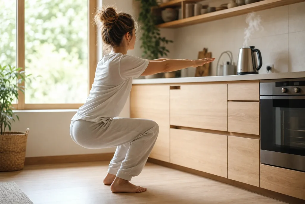 Person doing bodyweight squats in the kitchen while waiting for the kettle to boil