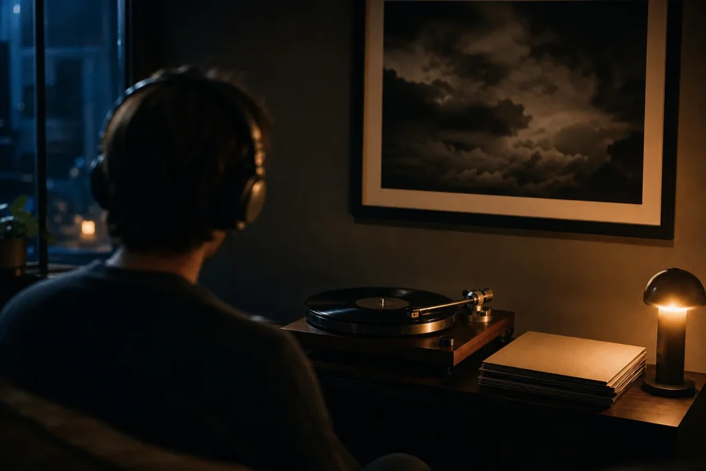 Person in headphones listening to a spinning turntable in a dim room at night, viewed from behind