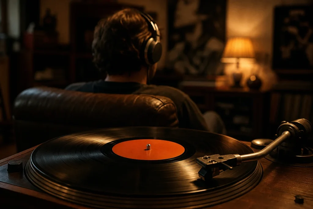 Person in over-ear headphones listening closely to a spinning vinyl record on a turntable at night