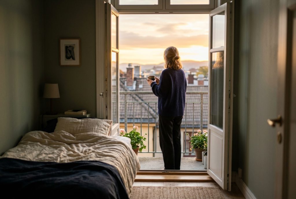 Person on a balcony at sunrise holding a coffee mug, getting morning daylight after waking