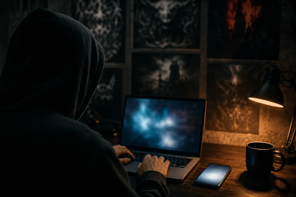 Person signing up on a laptop at a dimly lit desk while a phone beside it lights up with a notification