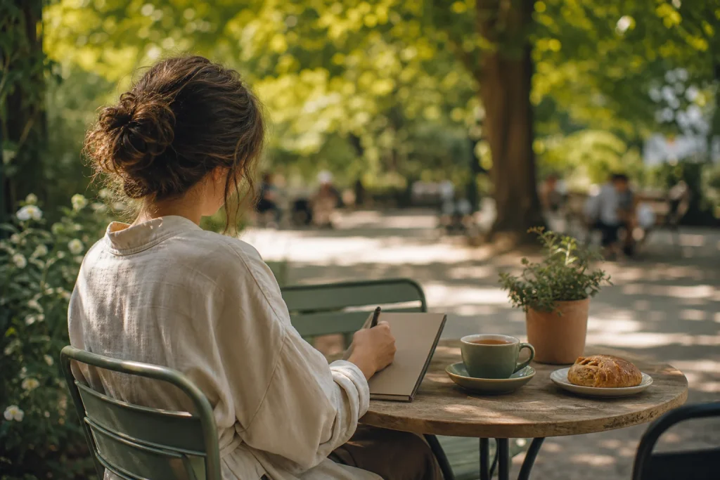 Person writing in a journal at an outdoor cafe table in a sunlit park, seen from behind
