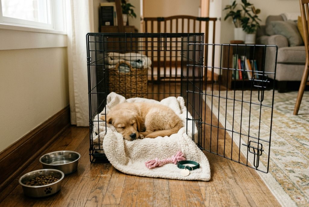 Puppy sleeping in a blanket-lined crate surrounded by bowls, chew toy, collar and baby gate