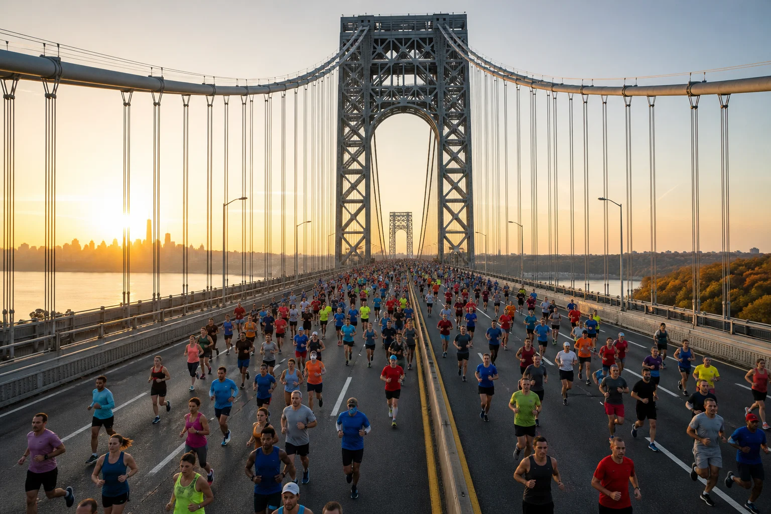 Runners crossing the Verrazzano-Narrows Bridge at sunrise during the NYC Marathon 2026