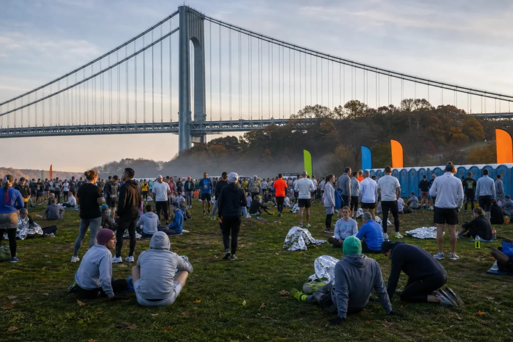 Runners in throwaway layers waiting at a color-coded marathon start village at dawn