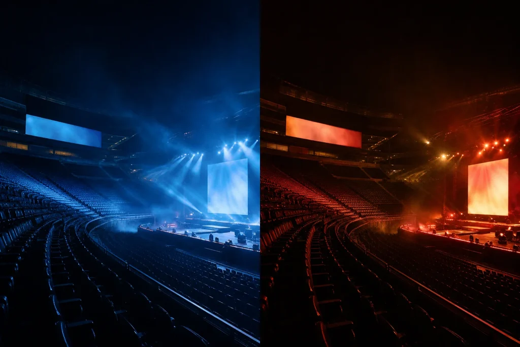 Same stadium seating shown under blue light and red light, representing two different concert nights
