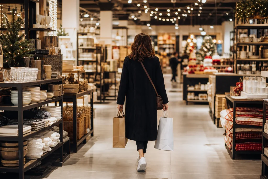 Shopper with bags walking through a calm, uncrowded store aisle on the quieter Sunday after Thanksgiving