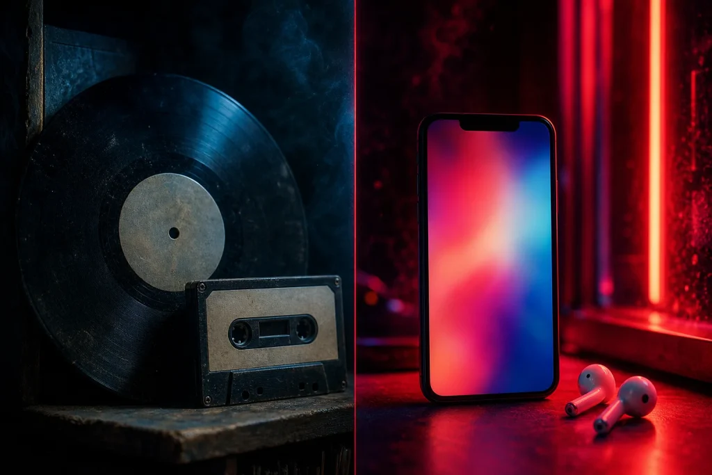 Side-by-side still life of a dusty vinyl record and cassette versus a glowing smartphone with earbuds