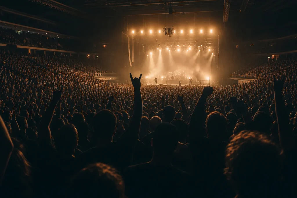 Silhouetted crowd with raised hands facing a hazy, brightly lit arena stage during a metal concert