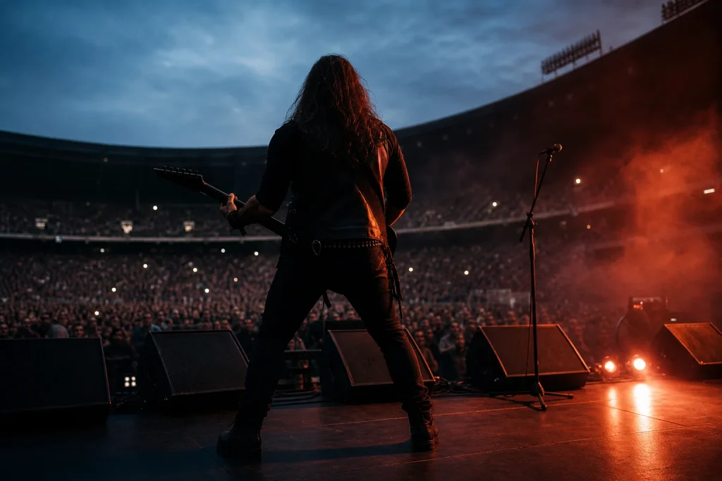 Silhouetted guitarist of an opening band playing to a stadium crowd at dusk