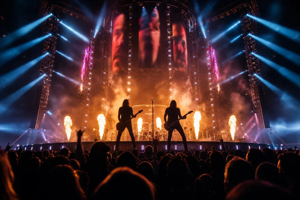 Silhouetted musicians on a circular concert stage with flame cannons, light towers and haze above a cheering crowd