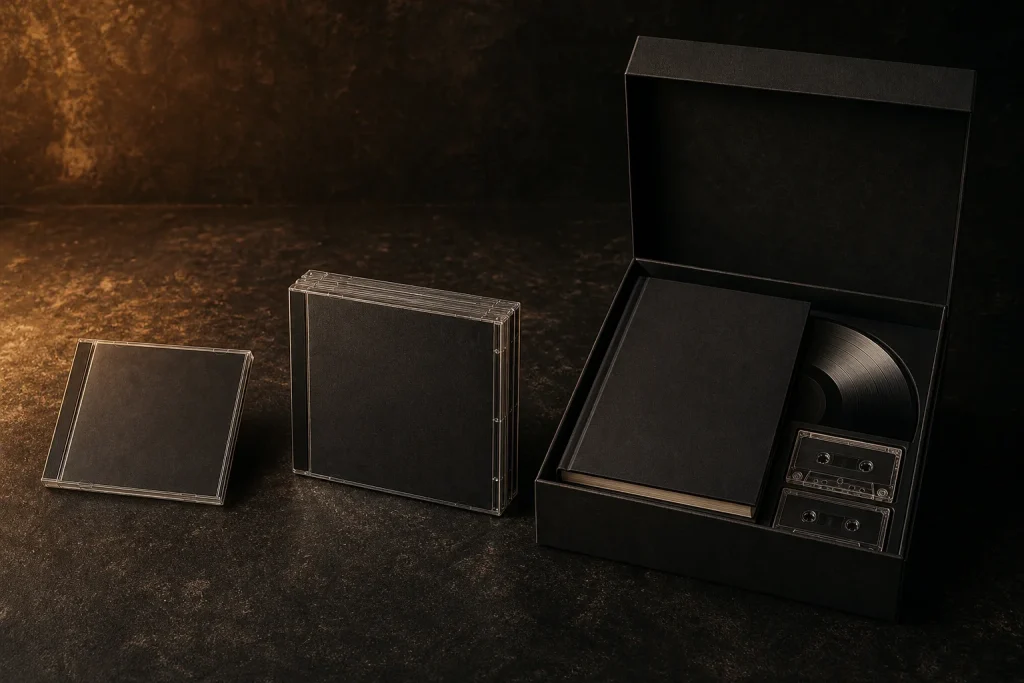Single CD, three-disc expanded set and large deluxe box with vinyl and book placed side by side for comparison