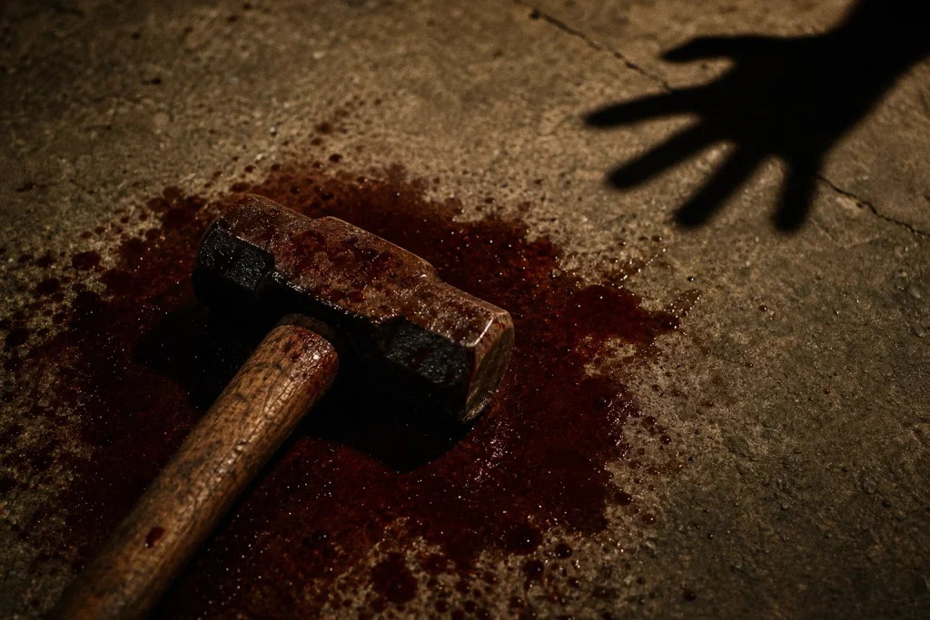 Sledgehammer lying in a dark red puddle on wet concrete under harsh overhead light
