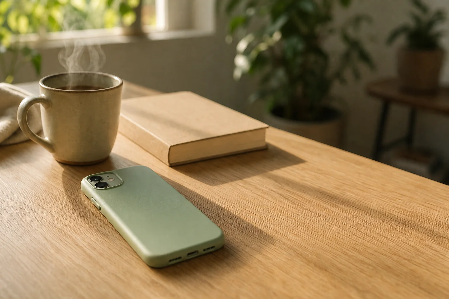 Smartphone face-down on a wooden table beside a coffee mug and open book during a digital detox