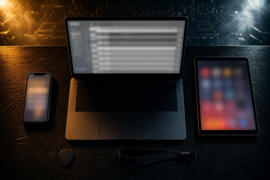 Smartphone, laptop and tablet laid side by side on a dark table, representing fan club, newsletter and app channels