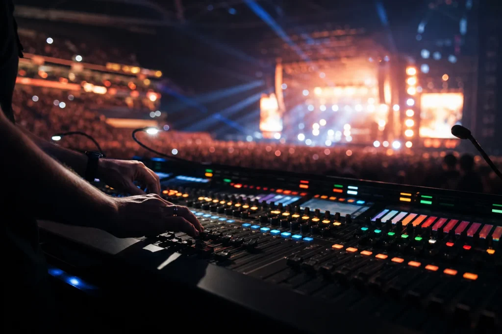 Sound engineer's hands on a mixing console at a stadium concert recording the live show
