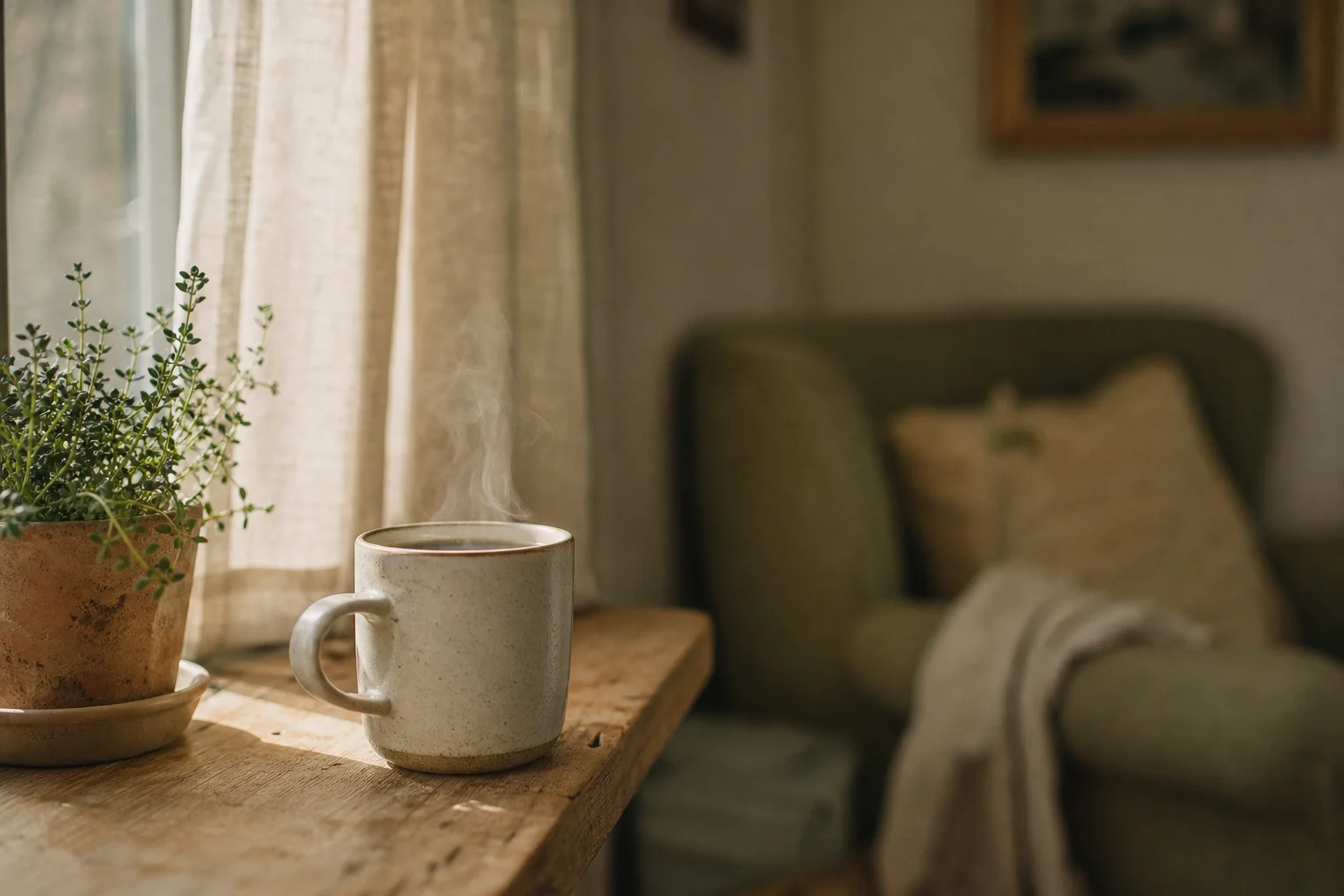 Steaming mug of tea on a sunlit wooden windowsill, a calm slow living morning scene