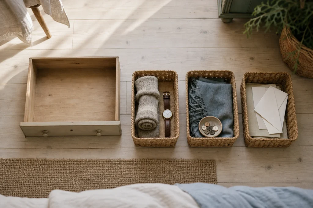 Top-down view of an emptied dresser drawer with items sorted into three woven baskets on a wooden floor